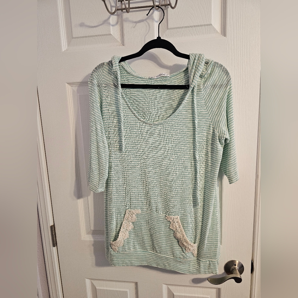 Maurices Light Green Striped Hoodie with Lace Accents